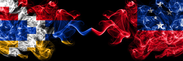 Nagorno-Karabakh, Artsakh vs Samoa, Samoan smoky mystic flags placed side by side. Thick colored silky abstract smoke flags
