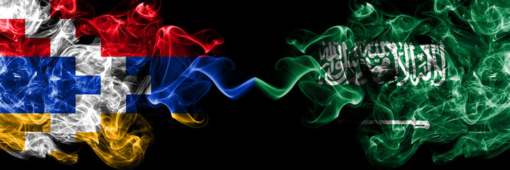 Nagorno-Karabakh, Artsakh vs Saudi Arabia, Arabian smoky mystic flags placed side by side. Thick colored silky abstract smoke flags