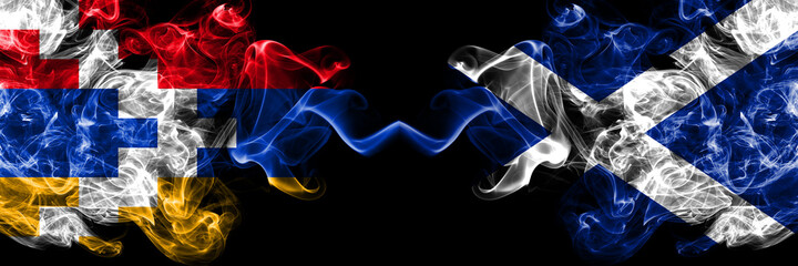 Nagorno-Karabakh, Artsakh vs Scotland, Scottish smoky mystic flags placed side by side. Thick colored silky abstract smoke flags