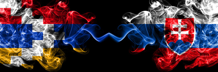 Nagorno-Karabakh, Artsakh vs Slovakia, Slovakian smoky mystic flags placed side by side. Thick colored silky abstract smoke flags