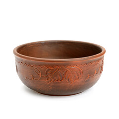 Rustic clay bowl isolated on white background.