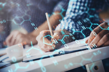 Student or teacher with mathematical and scientific formulas. Concepts of education.