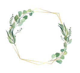Watercolor hand painted leaves frame.Watercolor floral illustration with branches - for wedding invite, stationary, greetings, wallpapers, background. High quality illustration