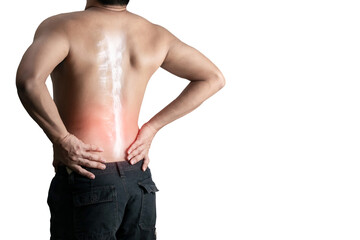 Young man holding back pain bone spine on a white background