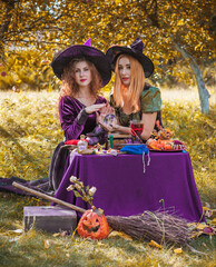 Wizard cosplay. Ideas for Halloween party, concept of autumn holidays, Women in witch costumes,...