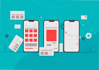 Mobile app development vector concept illustration design. Map navigation. Application design development. Delivery