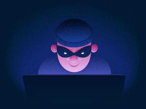 Internet fraud. Hacker behind a laptop monitor. Phishing and online surveillance. Identity theft and hacking of bank