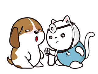 病気の犬と診察をする医者（猫）