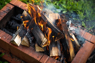 Caster, aspen wood in a brick grill