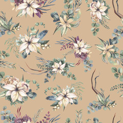 Watercolor floral pattern with different leaves and flowers. Floral seamless pattern on black background. High quality illustration