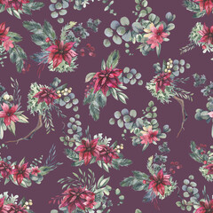 Watercolor floral pattern with different leaves and flowers. Floral seamless pattern on black background. High quality illustration
