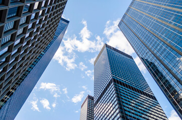 Bottom view of skyscrapers in Manhattan, New York, USA