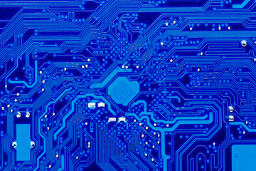 blue circuit board background of computer motherboard,Electronic computer hardware technology.Integrated communication processor. Information engineering component. Blue color.
