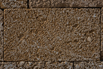 Stone wall background. Texture wall coquina shell rock. Yellow coquina texture. Shell included in stone. 