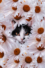 Obraz na płótnie Canvas Beautiful cat in chamomile flowers