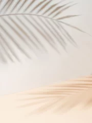 Fototapete Badezimmer Palm leaf shadows on white wall and cream pastel floor. Abstract background of shadows palm leaves for creative summer mock-up. Neutral tropical palm mockup on light backdrop. Vertical  © fascinadora