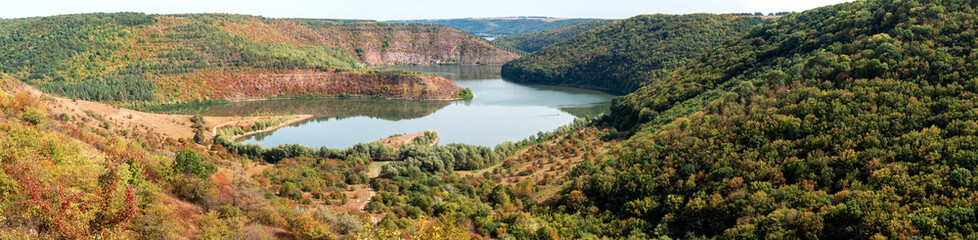 Landscape in national nature park Podilski Tovtry, Studenytsia river is tributary of Dnister river, panoramic view