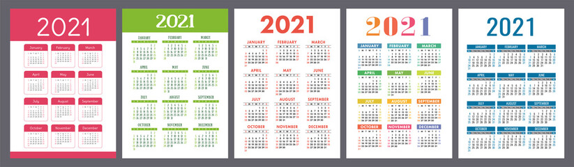 Calendar 2021 year set. Vector pocket or wall calender template collection. Simple design. Week starts on Sunday. January, February, March, April, May, June, July, August, September, October, November