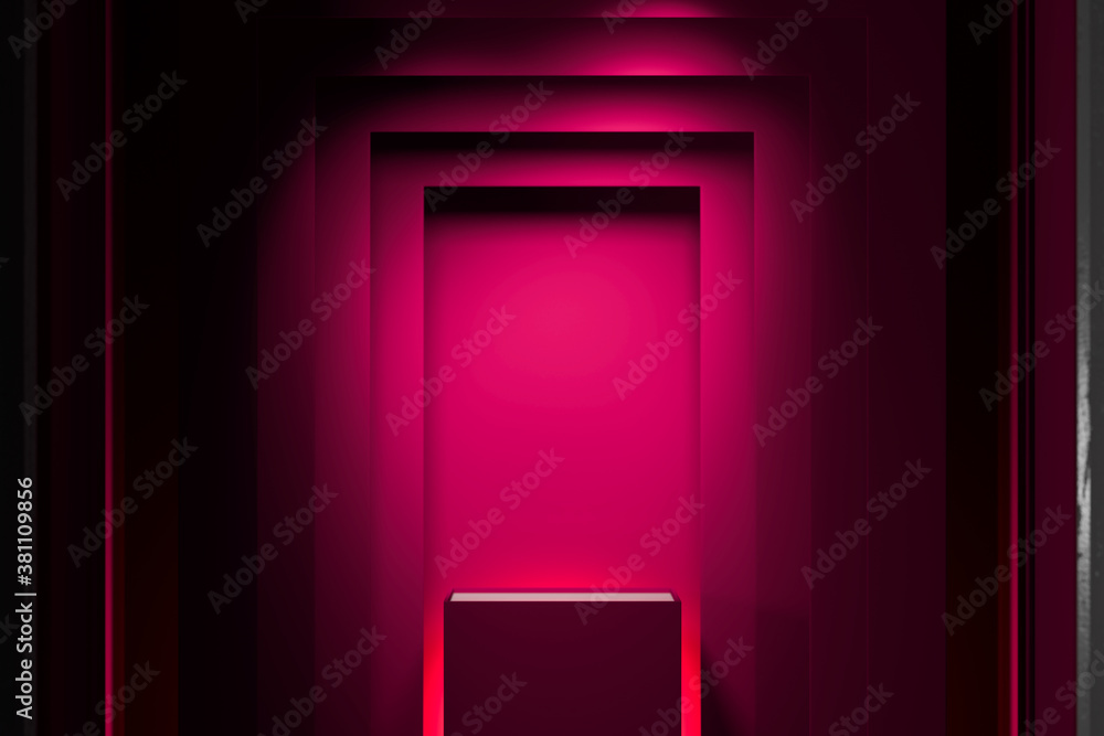 Poster pink rectangular showcase with empty space on pedestal near pink geometric arch illuminaed by search