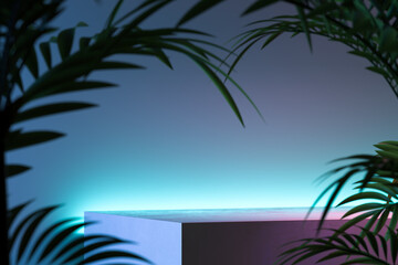 Fototapeta na wymiar Concrete Foursquare Showcase On Aquamarine Background Near Tropic Leaves. 3d Rendering. Copy Space. Empty Space