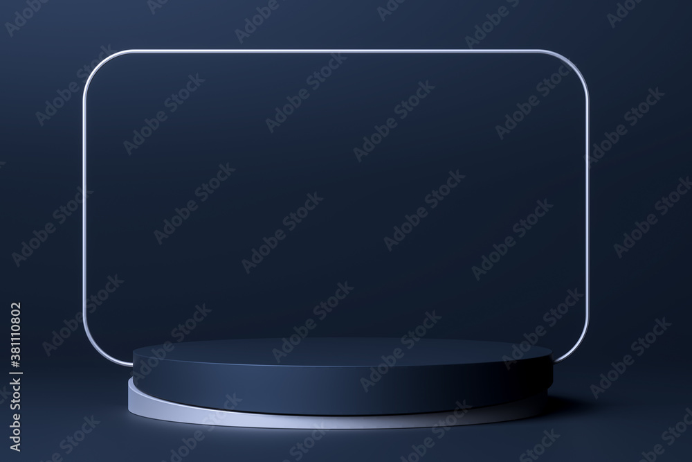 Poster abstract object as showcase with metallic foursquare stand frame and round base on dark background. 