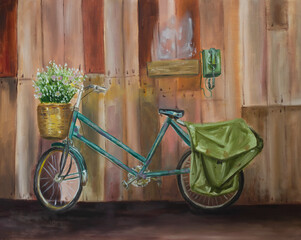 oil painting on canvas - flowers near a wall, blue bicycle with a bouquet of flowers
