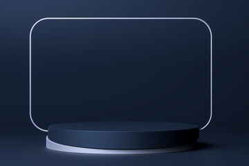 Abstract Object As Showcase With Metallic Foursquare Stand Frame And Round Base On Dark Background. Copy Space. Empty Space. 3d Rendering