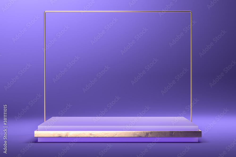 Poster foursquare showcase and metallic stand as frame on violet background. copy space. empty space. 3d re