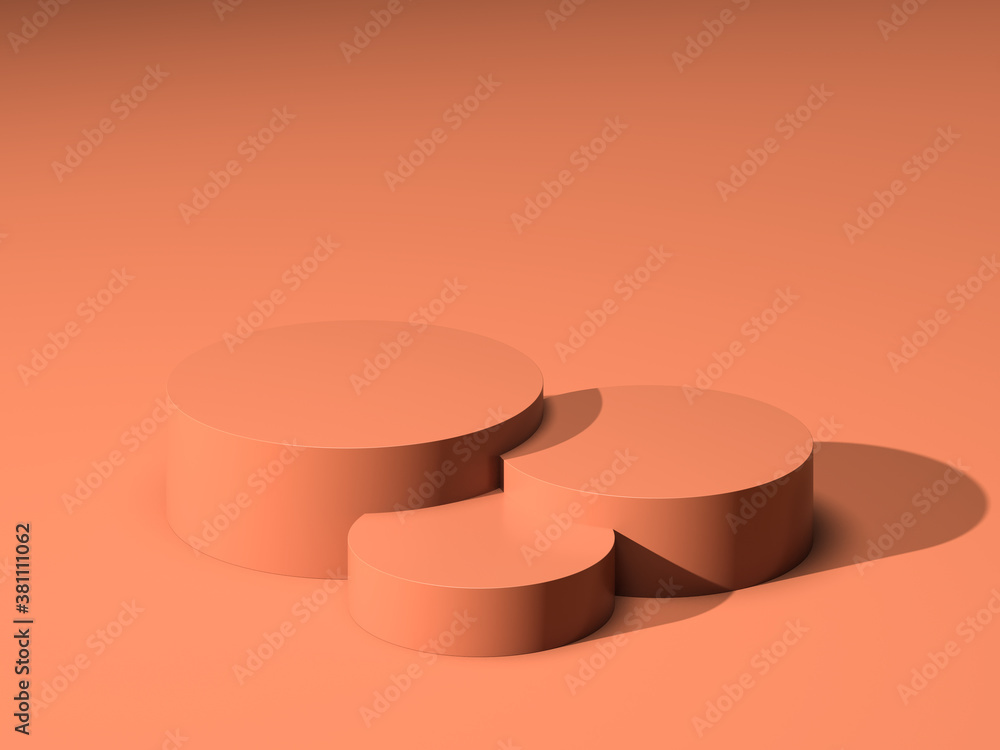 Poster three orange blank round showcases with empty space on orange background. 3d rendering. minimalism c