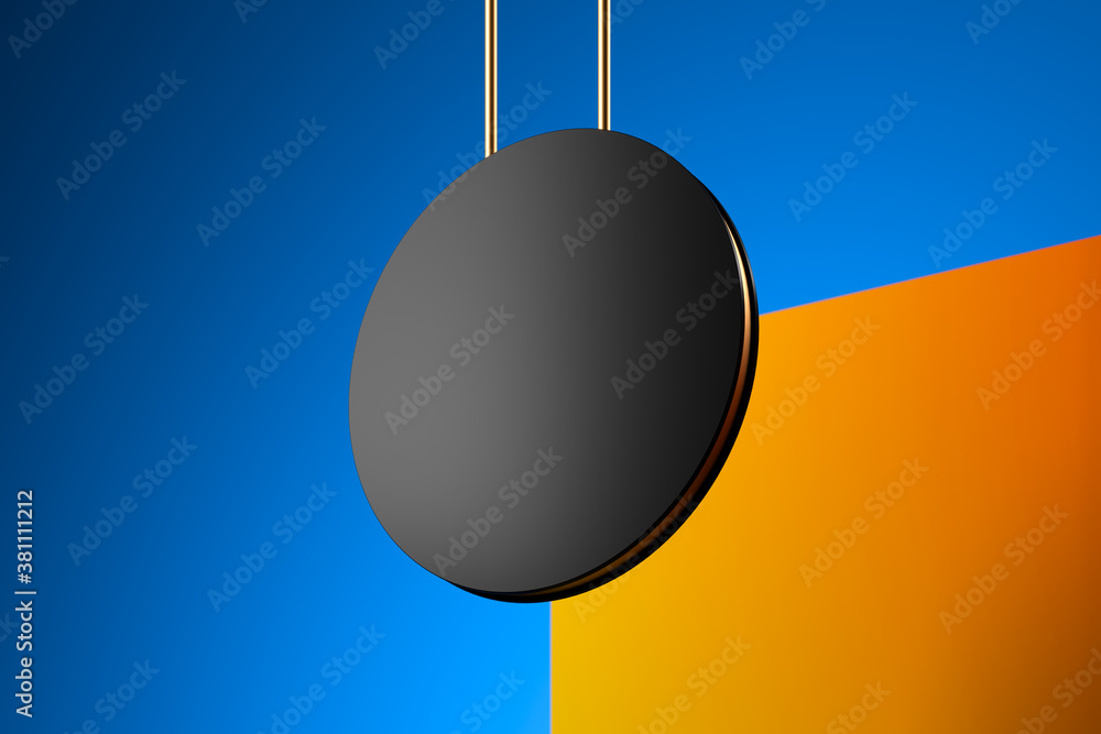 Aufkleber blank black round signboard mockup. empty signage template on abstract multicolored background of or