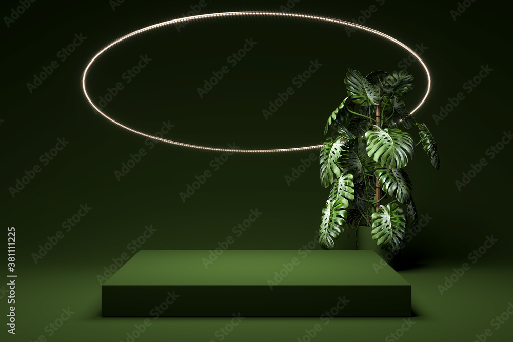 Poster green foursquare abstract showcase near exotic plant and round illuminating element above it on gree