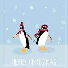 Cute penguin in winter costume. Merry Christmas greeting card. Wildlife animal cartoon character. 