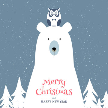 Merry christmas card with polar bear