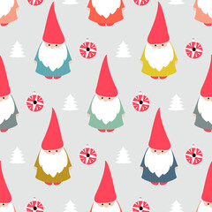 Seamless Christmas pattern. Cute gnomes. Ideal for fabric, tablecloth pattern, wrapping paper, gift paper etc.