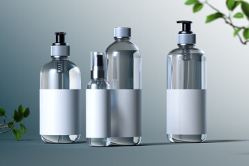 Cosmetic Set of Glass Transparent Bottles On Gray Background. Blank Template of Beauty Product Containers: Dispenser, Bottle. 3d rendering.
