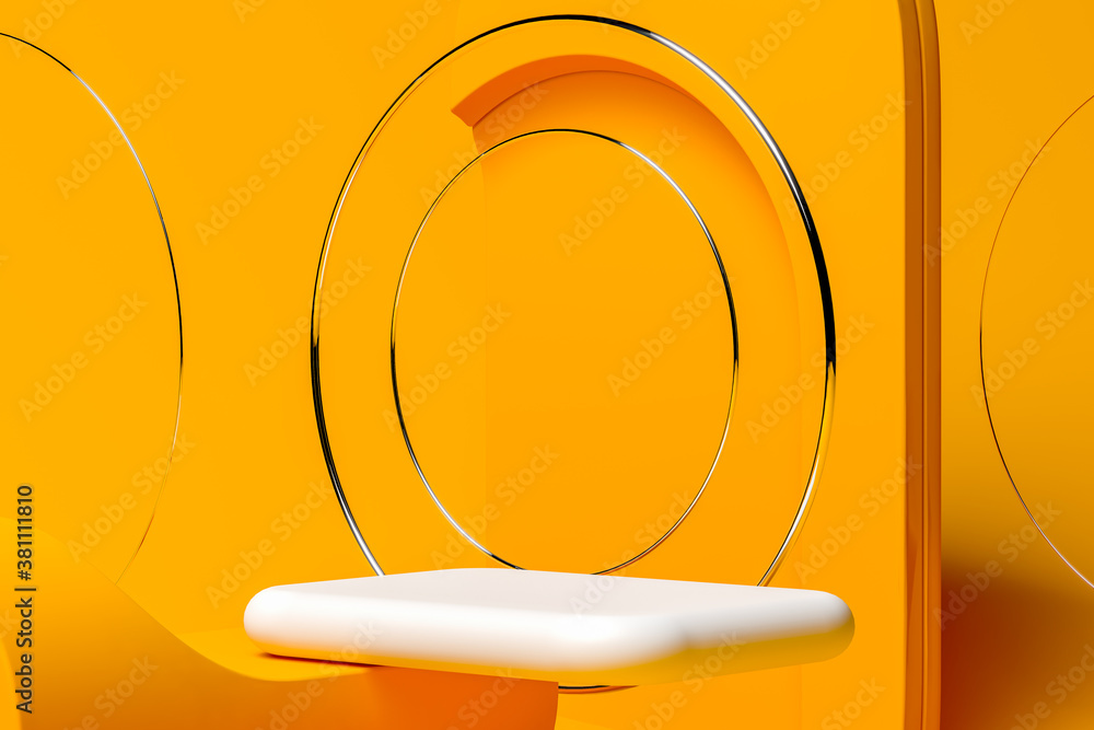 Poster white marble foursquare showcase near geometric metallc round elements on orange background. copy sp