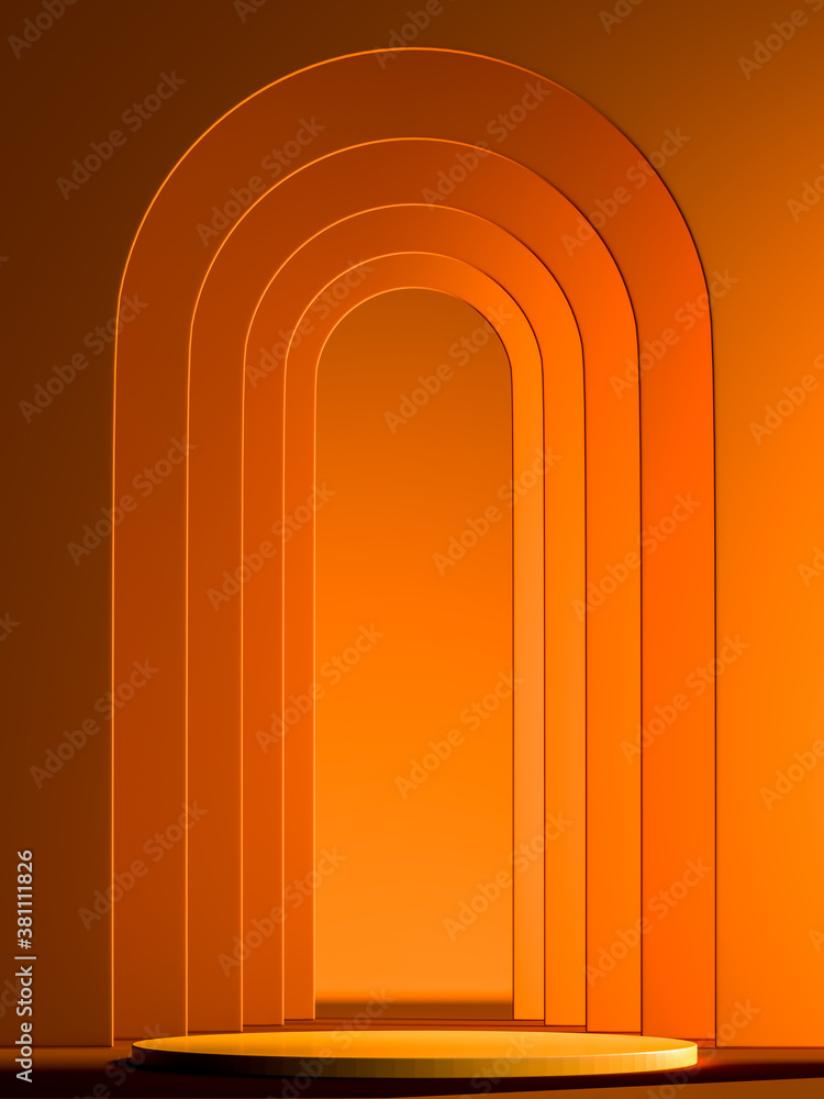 Poster orange round showcase with empty space on pedestal near orange geometric arch. copy space. empty spa