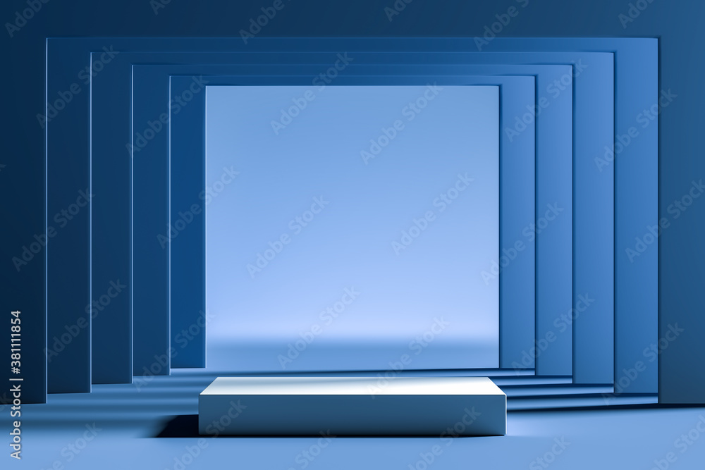 Poster blue foursquare showcase with empty space on pedestal near blue foursquare geometric arch. copy spac