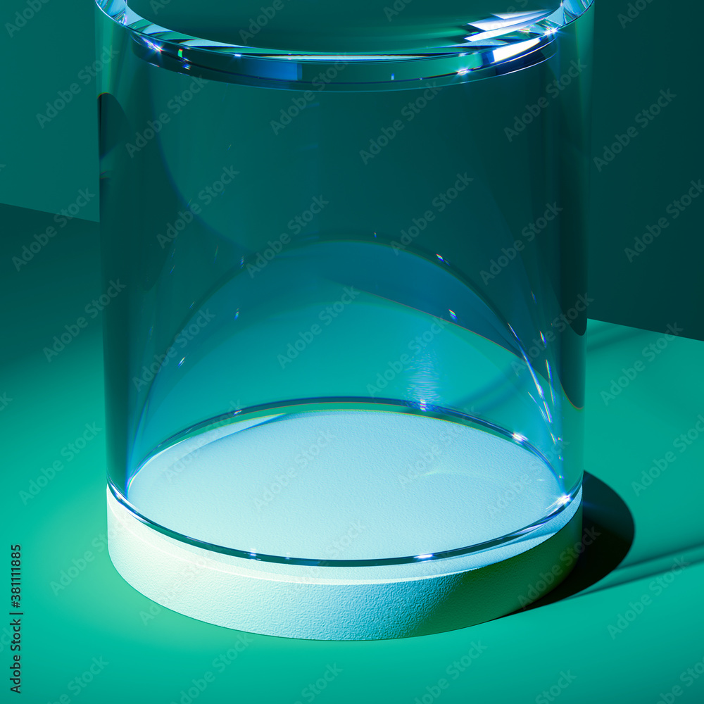 Poster modern showcase with glass and empty space on pedestal on green background. 3d rendering. minimalism