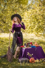 Wizard cosplay. Ideas for Halloween party, concept of autumn holidays, Woman in witch costumes,...