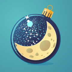 Christmas night cartoon illustration. Moon in a ball. New year eve vector art.