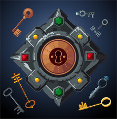 Obraz premium Quest game vector object. Lockhole with vintage keys. Door emblem. Escape room background.