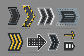 Metal arrow set. Navigation signs collection. Cyberpunk style concept art. Realistic interface design. Gui elements.