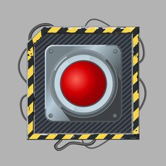 Red button. Cyber punk style. Vector icon template. Realistic metal switch with wires. Video game concept art.