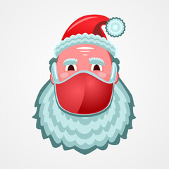 Santa Claus face in a medical mask. Coronavirus Chrismas party. New year quarantine. Cartoon vector illustration.