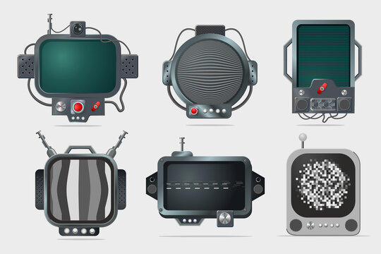 Vintage display set. TV screen design. Cyberpunk style concept art. Old computer isolated on white background. Realistic icons.