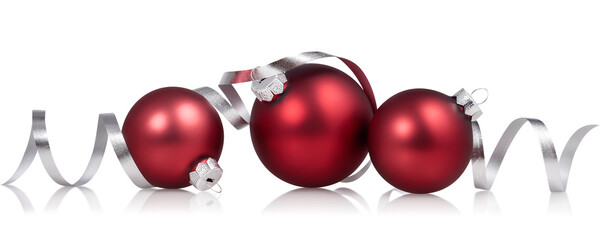 Red christmas baubles with silver ribbon isolated over white background.