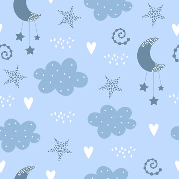 Seamless pattern with cloud, rainbow, stars, moon in the sky.