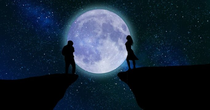 
Couple conflict concept. Man and woman silhouette on a cliff
