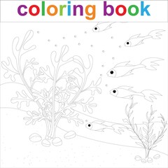 Coloring page template with cartoon fish and algae. For children coloring sea life.
